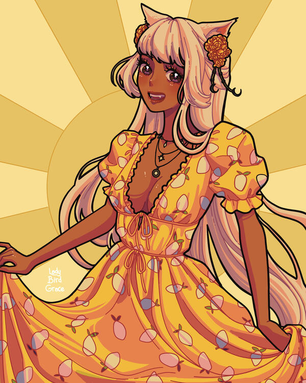 cute cat girl with a flowy yellow dress with lemons decorated on the dress. She has long flowing blonde hair and dark bronze skin.