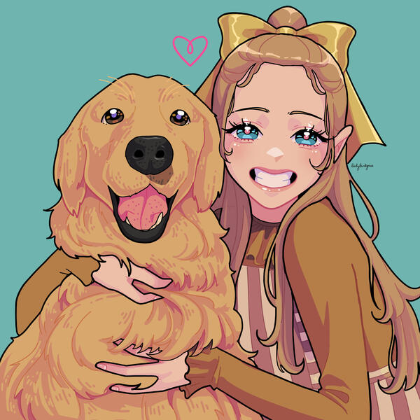 blonde girl with a yellow bow in her hair, hugging her golden retriever while smiling happily.